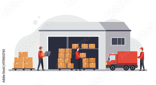 Warehouse management and delivery process with workers and boxes in cartoon style