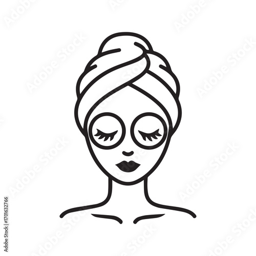 Woman in towel wrap with eye patches, beauty and spa treatment line art icon. Skincare routine vector.
