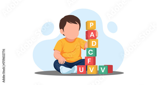 Toddler playing with alphabet blocks learning letters.