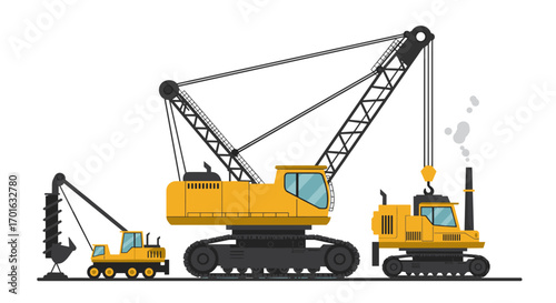 Flat style construction cranes: heavy machinery with yellow cranes on white background