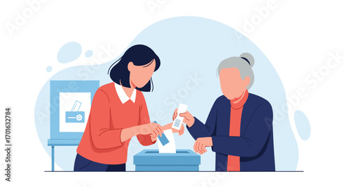 Woman helps elderly person cast vote at polling station.