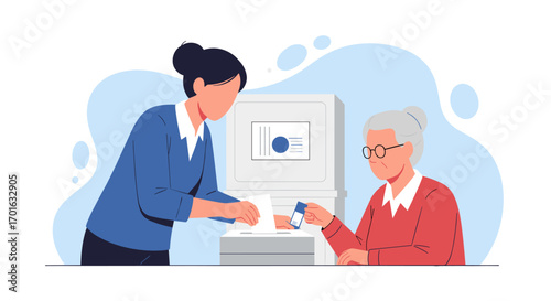 Elderly Woman Receives Assistance at a Financial Service Counter.