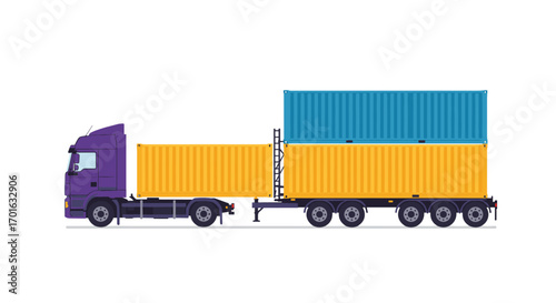 Colorful cargo truck with stacked shipping containers on flatbed trailer