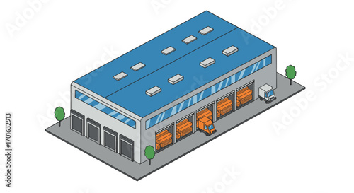 Modern industrial warehouse building with loading docks and vehicles isometric design