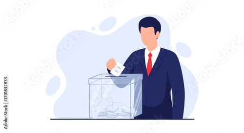 Man in suit casting vote into ballot box.