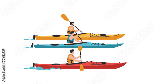 Colorful kayaking adventure with three paddlers in flat style