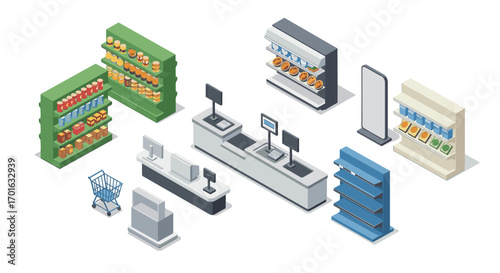 Isometric supermarket elements featuring shelves, checkout counters, and shopping cart