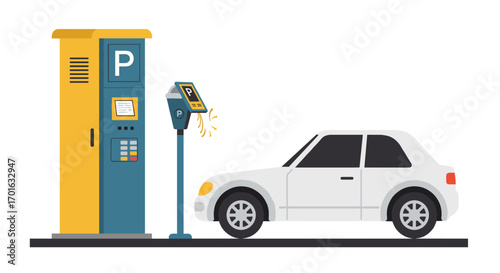 Automated parking payment terminal with car in flat design