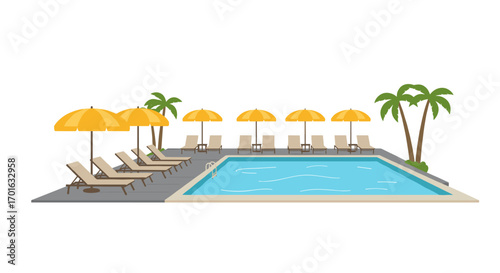 Flat design poolside relaxation with sun umbrellas and loungers on a sunny day
