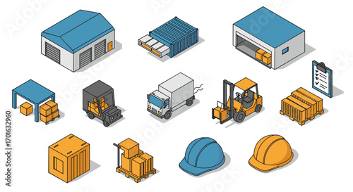 Isometric warehouse and logistics elements with transportation and storage icons