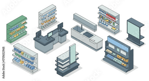Isometric supermarket display units and counters set for retail design