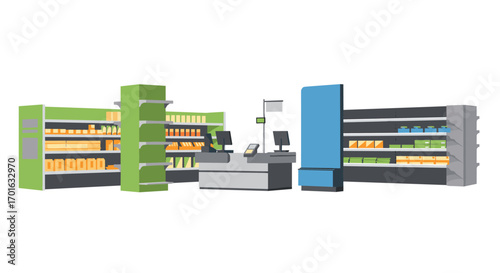 Modern grocery store checkout and shelving arrangement in flat design