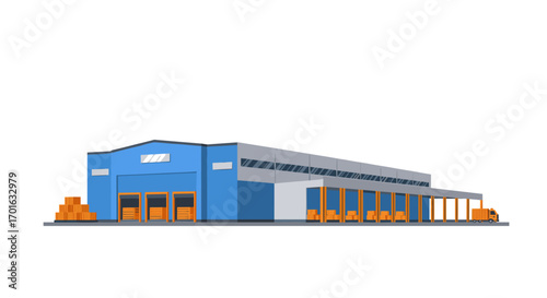 Modern warehouse facility with loading dock and cargo truck