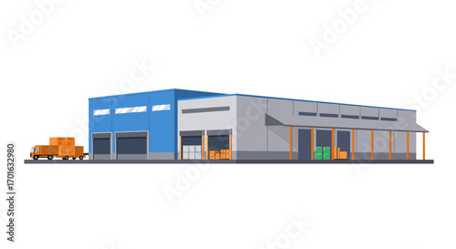 Modern warehouse with loading dock and delivery truck in flat style