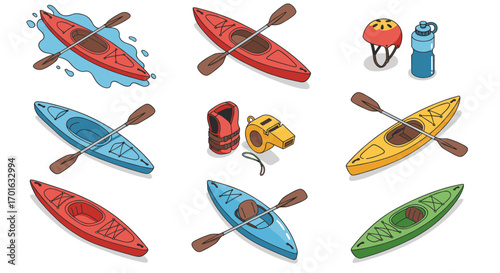 Kayaking equipment and kayaks in isometric view with paddles and gear