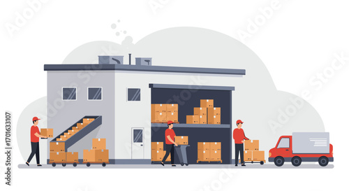 Modern warehouse logistics with workers and delivery van in flat style