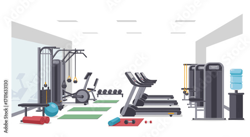 Modern gym interior with equipment and exercise machines in flat design