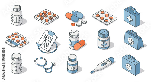 Isometric medical supplies set featuring pills, bottles, and tools for healthcare and treatment