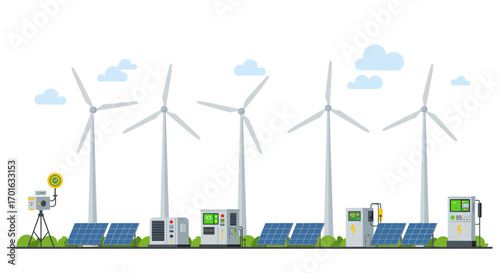 Renewable energy concept with wind turbines and solar panels in minimalist design