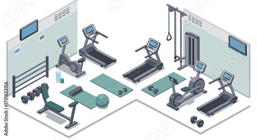 Modern isometric gym with cardio and strength equipment in a light-filled room