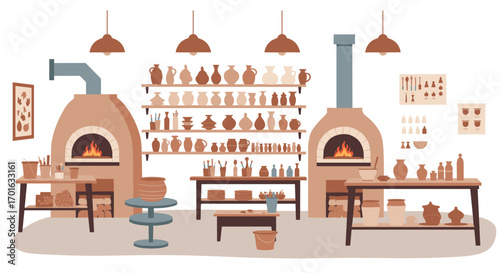 Cozy pottery workshop with rustic ovens and artisanal pottery vessels in a minimalistic style