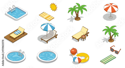 Isometric summer poolside set with chairs, umbrellas, palm trees, and accessories