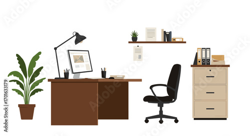 Modern office workspace with desk, chair, computer, and decor elements on white background
