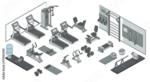 Modern fitness center equipment in isometric design for gym layouts