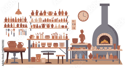 Cozy pottery workshop with clay pottery tools and brick kiln art deco style