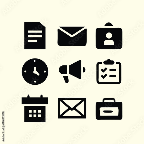 Set of nine black business and communication icons