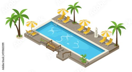 Isometric summer pool scene with palm trees and sun loungers