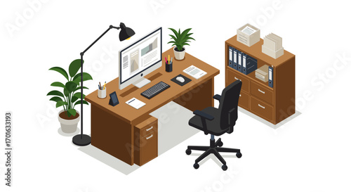 Modern office workspace with desk, computer, and plants in isometric style