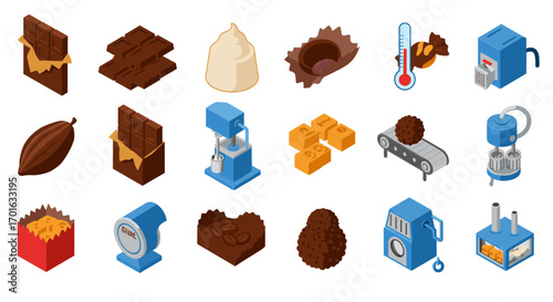 Isometric icons of chocolate production process and machinery
