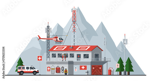 Mountain rescue center with helicopter and emergency vehicles in flat design