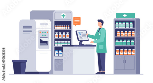 Modern pharmacy interior design with pharmacist and medication shelves in flat style