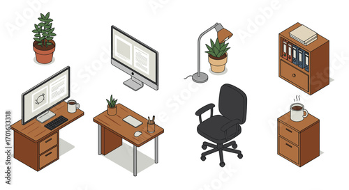 Modern office elements in isometric view with furniture, technology, and plants