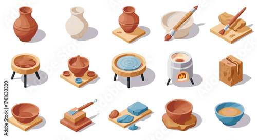 Pottery tools and techniques in isometric art: brushes, clay, and kiln