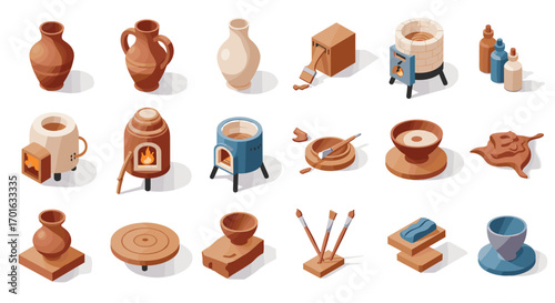 Isometric ceramic workshop tools and pottery elements for creative crafting