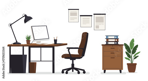 Modern office workspace with desk, chair, computer and decor elements
