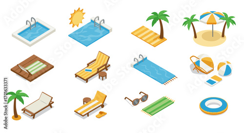 Isometric summer essentials: pool, sunbeds, and beach fun icons