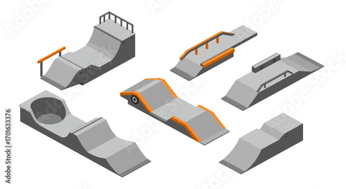 Isometric skatepark elements set with ramps and rails for urban design