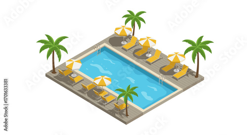 Isometric pool with sun loungers and palm trees in tropical resort setting