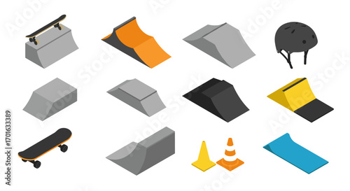 Skatepark equipment isometric set with ramps, skateboards, helmet, and safety cones