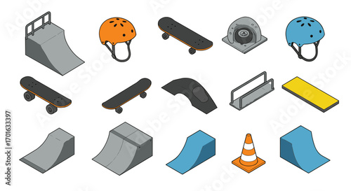 Skateboarding gear and ramps: isometric collection of helmets, boards, and urban obstacles