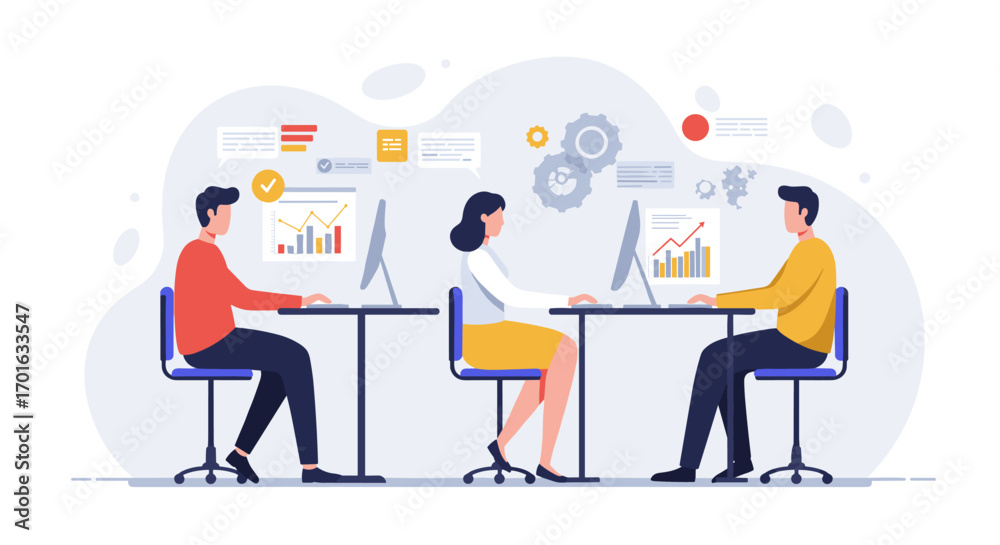 Fototapeta premium Collaborative teamwork in a modern office with data analysis and communication elements