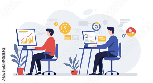 Business analytics team working at desks with digital charts and graphs