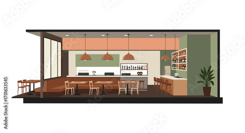 Modern flat design cafe interior with cozy seating and elegant decor
