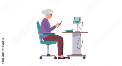 Elderly woman in modern hospital setting using mobile device beside vital signs monitor