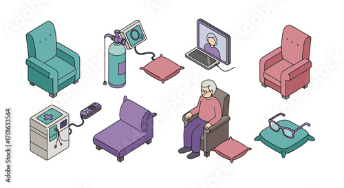 Isometric elderly care elements: home comfort, technology, and medical support