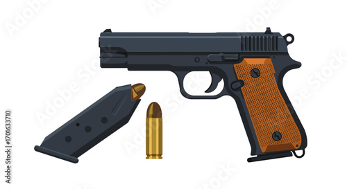 Realistic handgun with magazine and bullet on white background